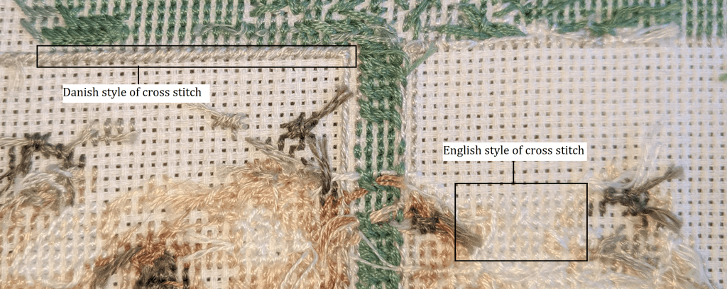 Image highlights sections of the cross stitch project where I have used the Danish and English style of cross stitch.