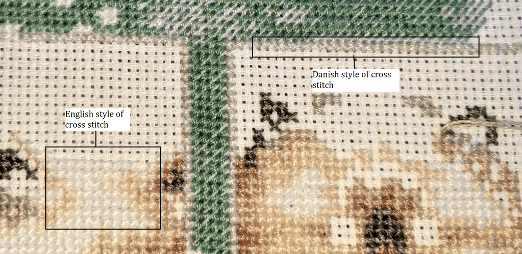 Image highlights sections of the cross stitch project where I have used the Danish and English style of cross stitch.